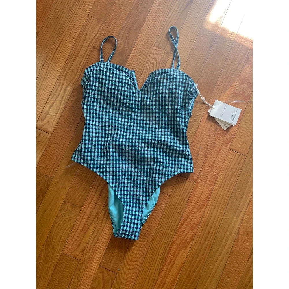 Free Assembly Blue Gingham V-Wire One Piece Swimsuit Cheeky High Leg Size M 8-10